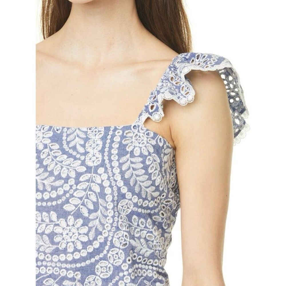 NEW Alice + Olivia Women’s 4 Honor Flutter Sleeve Embroidered Chambray Eyelet Tu - Picture 5 of 13